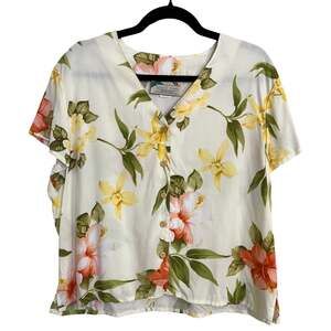 Paradise Found Hawaiian Floral Rayon Blouse XL Tropical Hibiscus Vintage